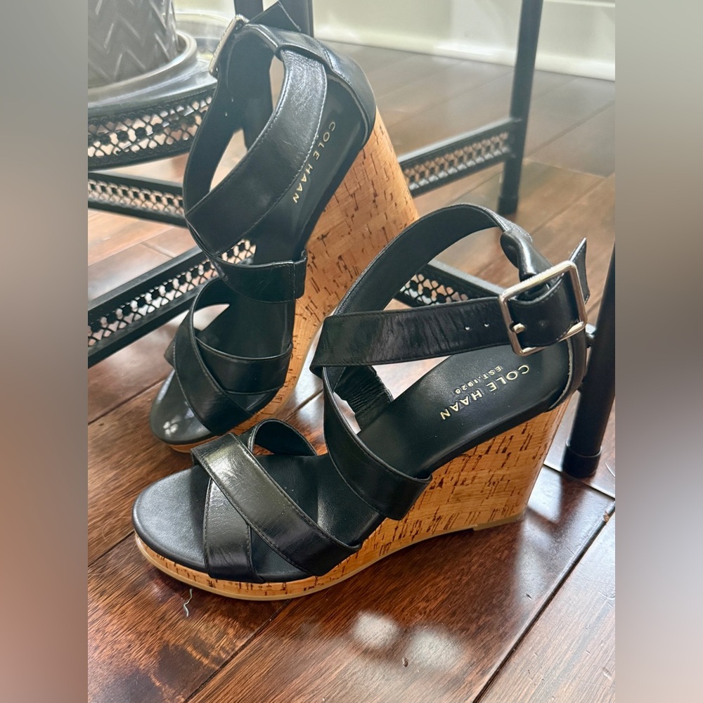 Cole Haan Black Leather Wedge Sandals